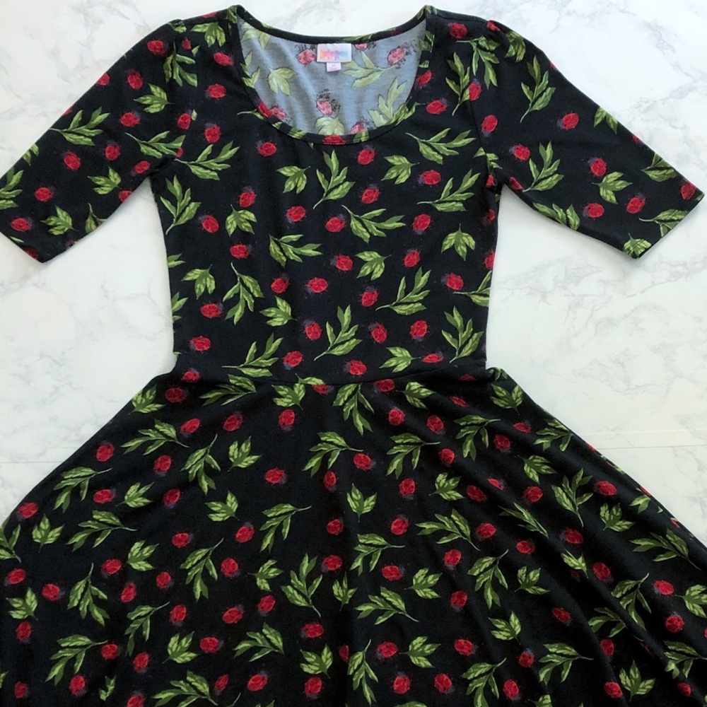 LuLaRoe Medium Nicole Fit and Flare Dress - Black with Ladybug Print
